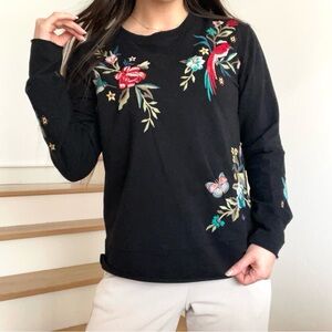 Johnny Was Gen French Terry Mix Embroidered Black Pullover Crew Neck Sweatshirt